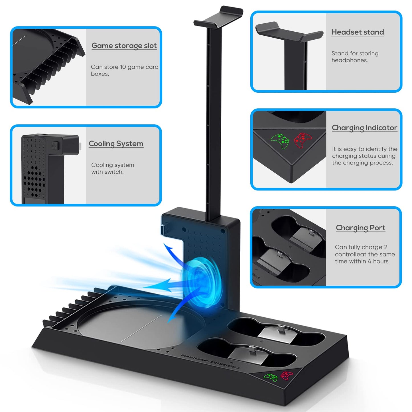 FYOUNG cooling stand for Xbox Series X with controller charger, rechargeable batteries, headset holder, and game slots in a sleek design.