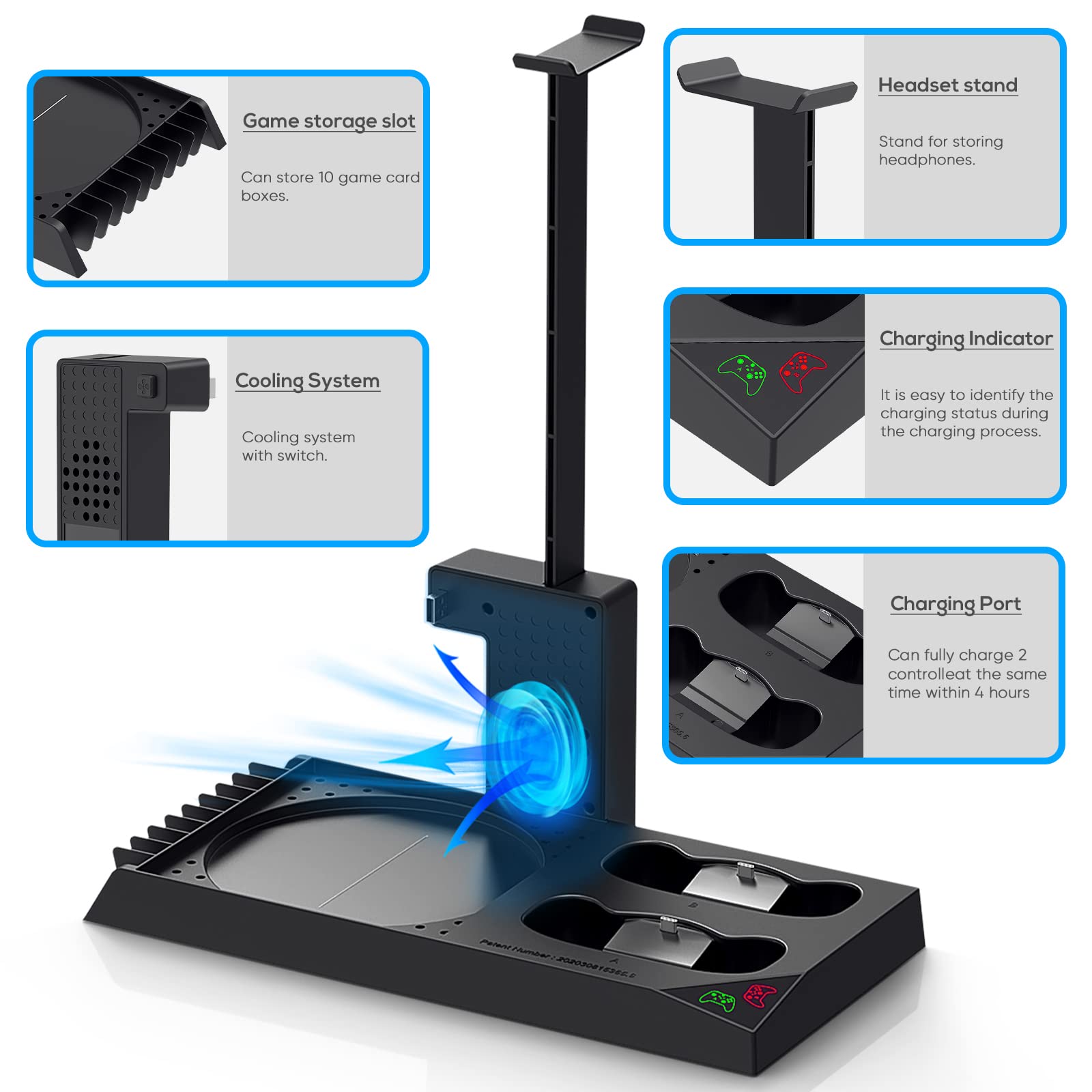 FYOUNG cooling stand for Xbox Series X with controller charger, rechargeable batteries, headset holder, and game slots in a sleek design.