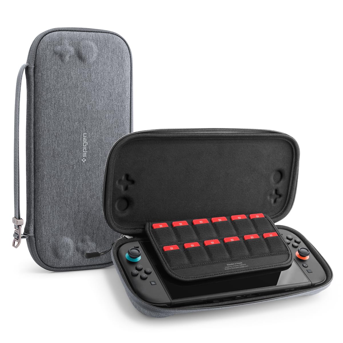 Spigen Klasden Pouch 2 for Nintendo Switch 2025, compact charcoal gray travel case with 12 game slots, rear grip, and G hook.