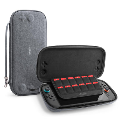 Spigen Klasden Pouch 2 for Nintendo Switch 2025, compact charcoal gray travel case with 12 game slots, rear grip, and G hook.