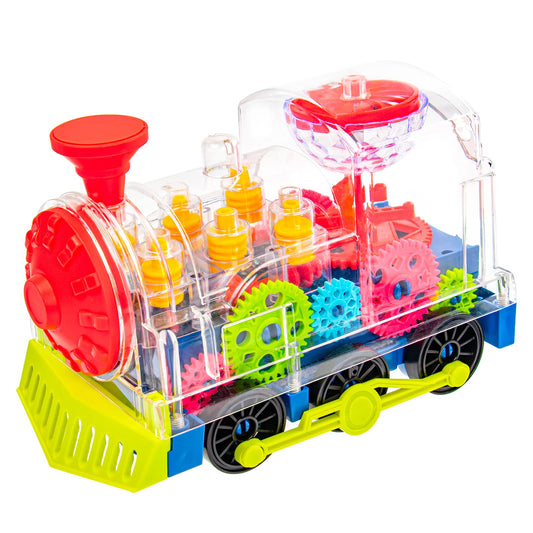 SWTOIPIG Gear Train Toy Light Up Music Electric Train Toy Transparent Rotating Mechanical Gear for Kids Educational Cartoon with Flashing Light Sound Music Locomotive