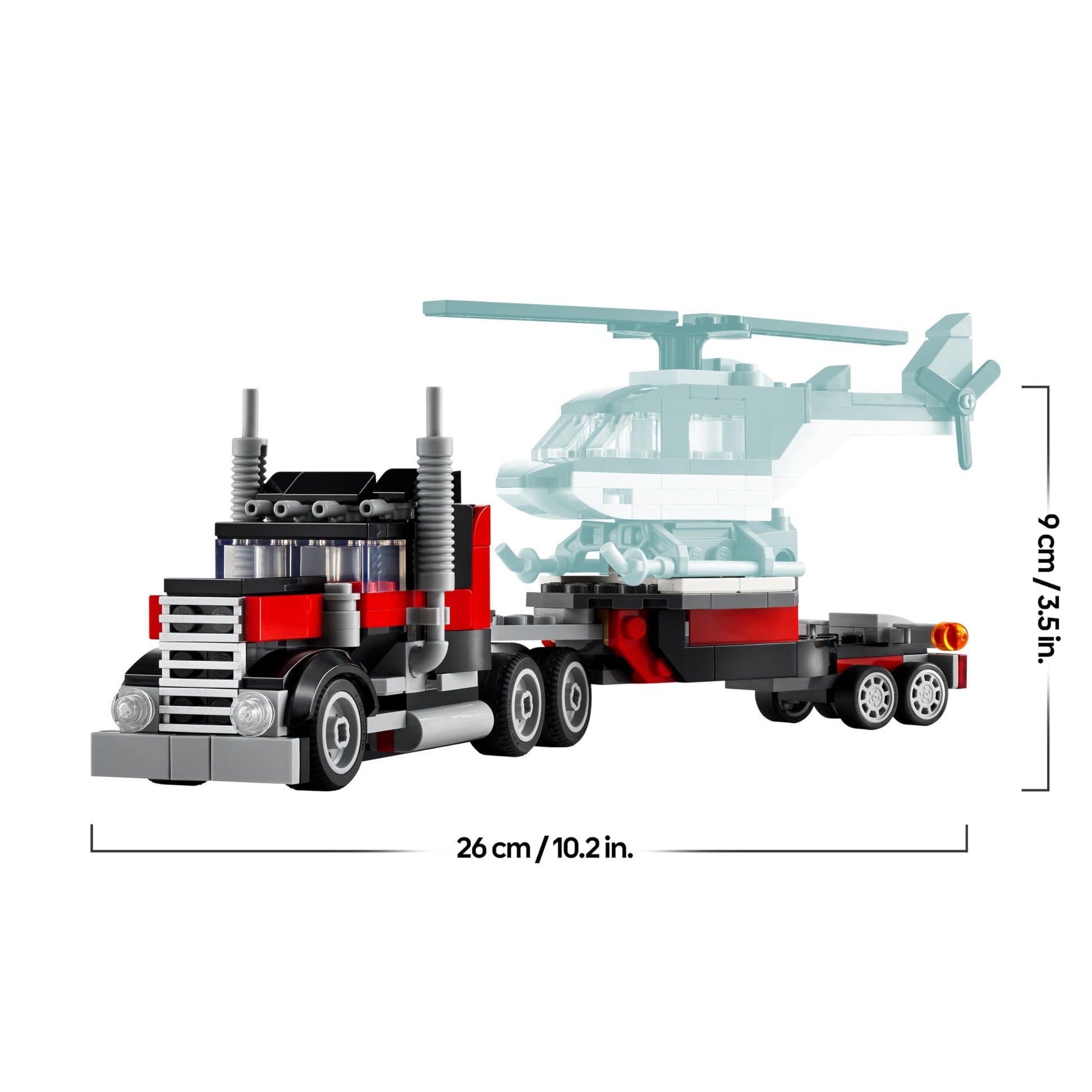 LEGO Creator 3in1 set featuring a flatbed truck, helicopter, and various vehicle models for creative building fun.