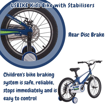LSBIKE Kids Bike 14 16 18 Inch Magnesium Alloy Boys Girls Children Bicycle with Stabilizers Ages 2-9 Years Blue Pink Bicycle Double Brakes Training Wheel Freestyle Children Bike (18 inch Blue)