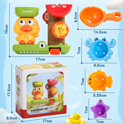 Fajiabao bath toys for toddlers featuring a spoon and stackable animal cups for fun water play during bath time.