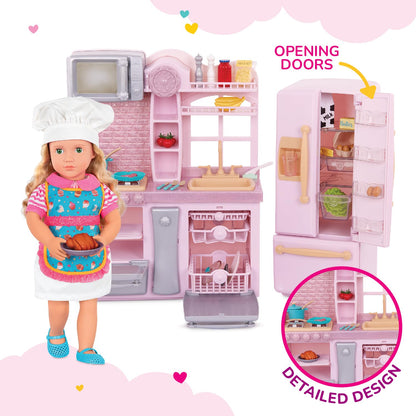 Our Generation pink fridge and kitchen playset with pretend food items for 18-inch dolls, designed for imaginative play.