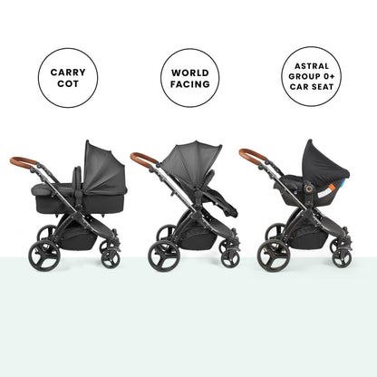 Ickle Bubba Stomp Urban 3-in-1 Travel System & Astral Car Seat – Birth to 22kgs (approx. 4 Years), Lightweight City Pram, Carrycot & Seat Unit, Compact Fold, UPF 50+ Hood & Accessories (Charcoal Grey)