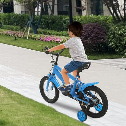 Blue 14-inch kids' sport bike by Eieblek with stabilizers, bell, fenders, adjustable seat, armrests, and suitable for boys and girls.