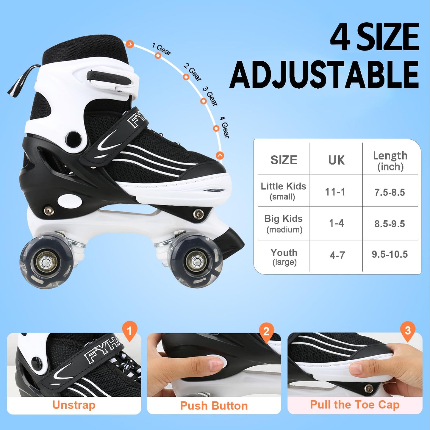 Kids MGYZM roller skates for girls and boys with adjustable fit and light-up wheels, suitable for indoor and outdoor use.