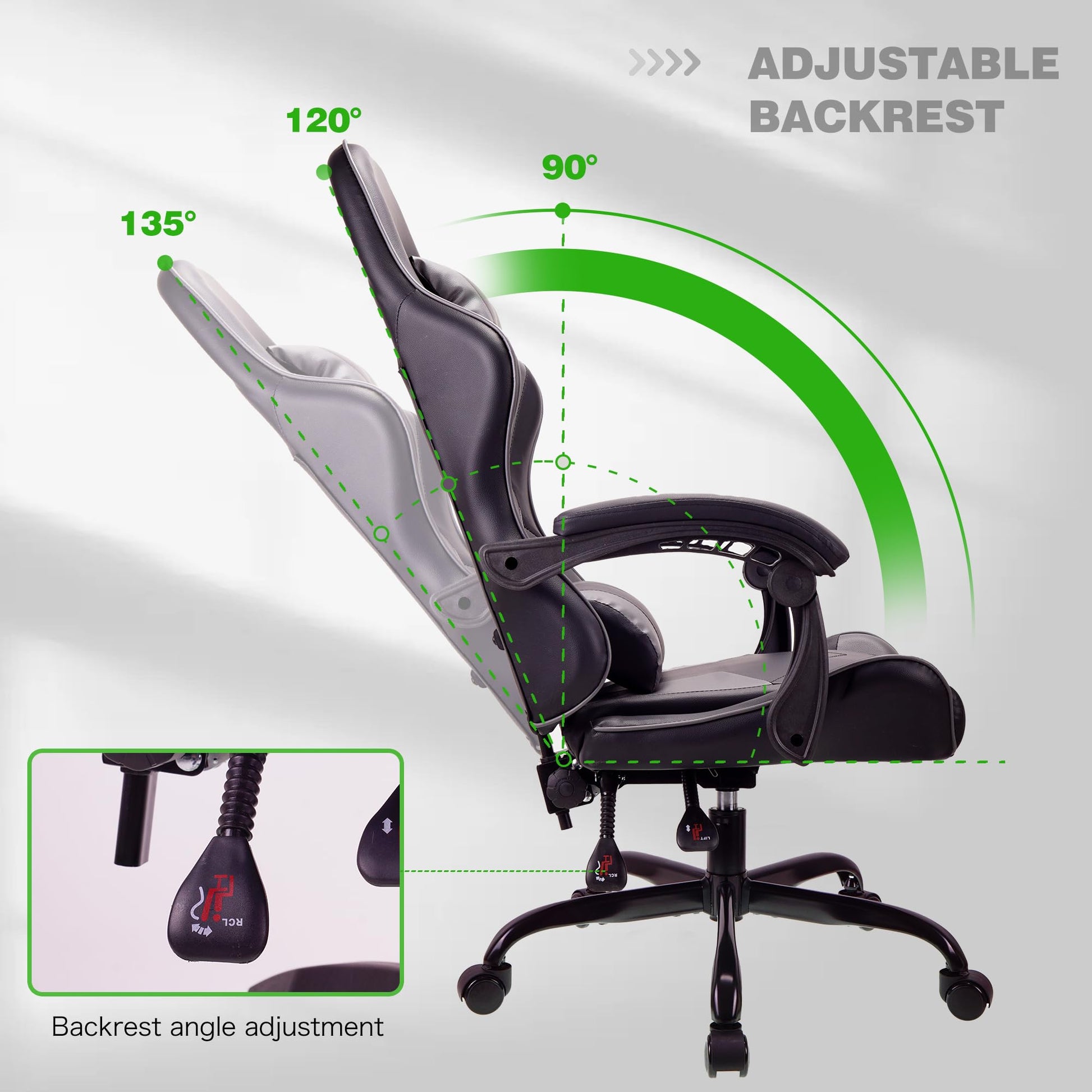 Gray T-THREE ergonomic high-back gaming and office chair with adjustable lumbar and headrest support, swivel design, and 150kg capacity.