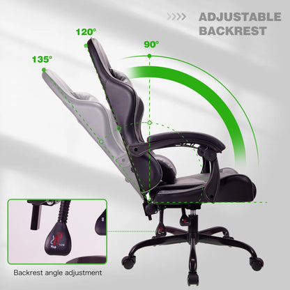 Gray T-THREE ergonomic high-back gaming and office chair with adjustable lumbar and headrest support, swivel design, and 150kg capacity.