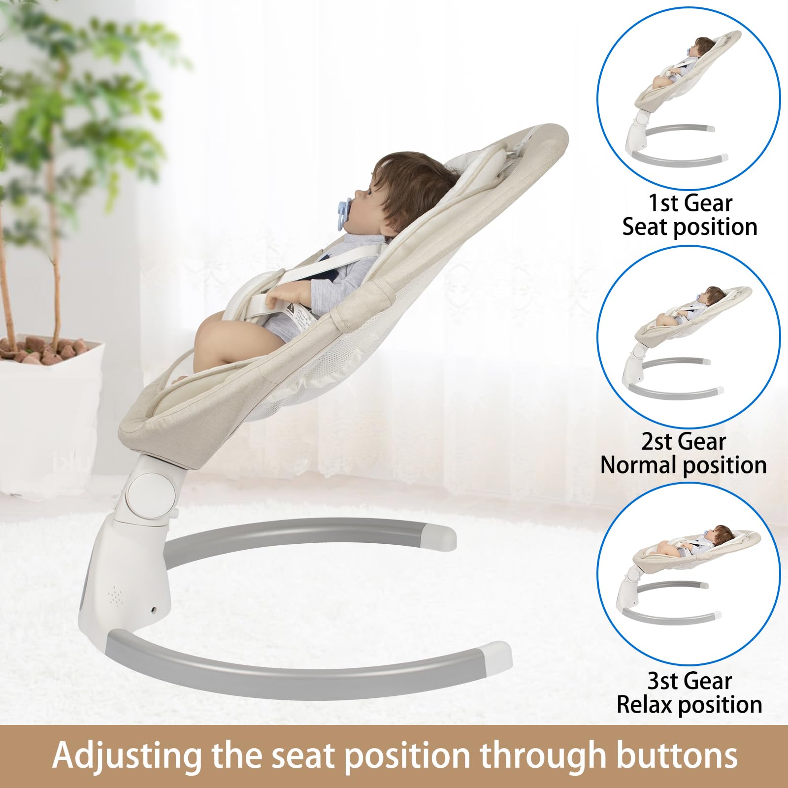 Electric infant swing by JFOVMCYG with remote control, adjustable speeds, multiple seat positions, washable seat, and safety harness.