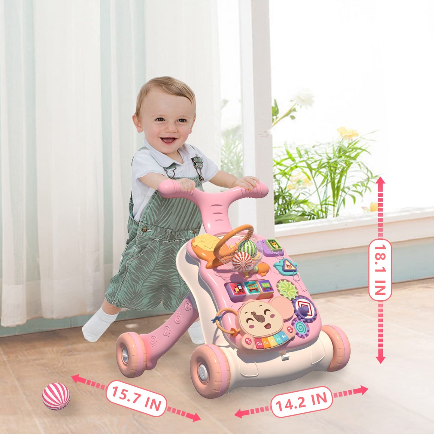 QDRAGON 3-in-1 baby walker and activity center for girls, featuring push toy and sit-to-stand support for infants learning to walk.