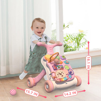 QDRAGON 3-in-1 baby walker and activity center for girls, featuring push toy and sit-to-stand support for infants learning to walk.