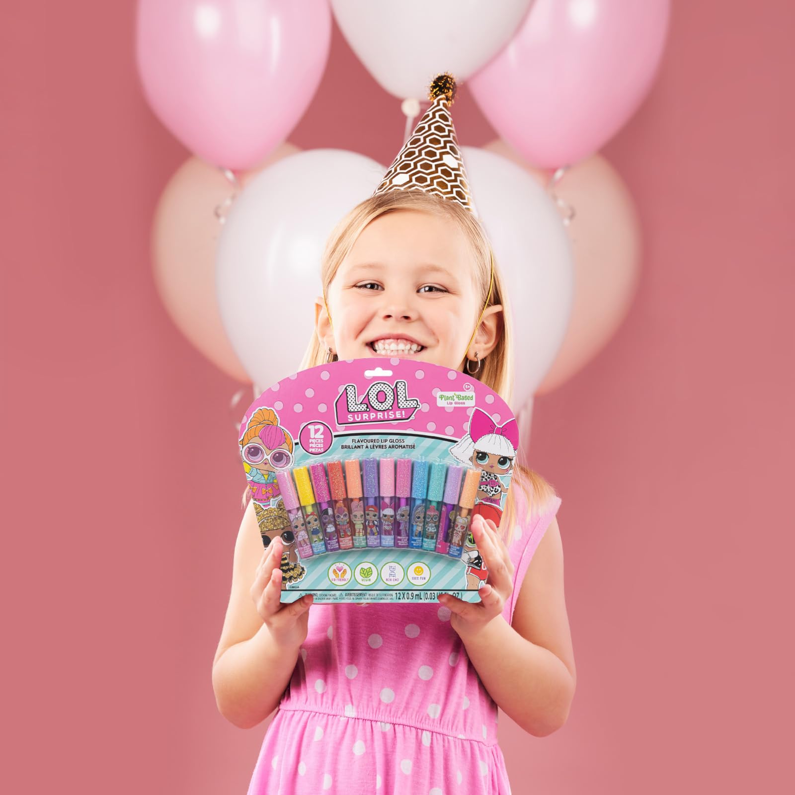 12-piece L.O.L Surprise lip gloss set by Townley Girl, featuring colorful packaging and plant-based gloss for kids.