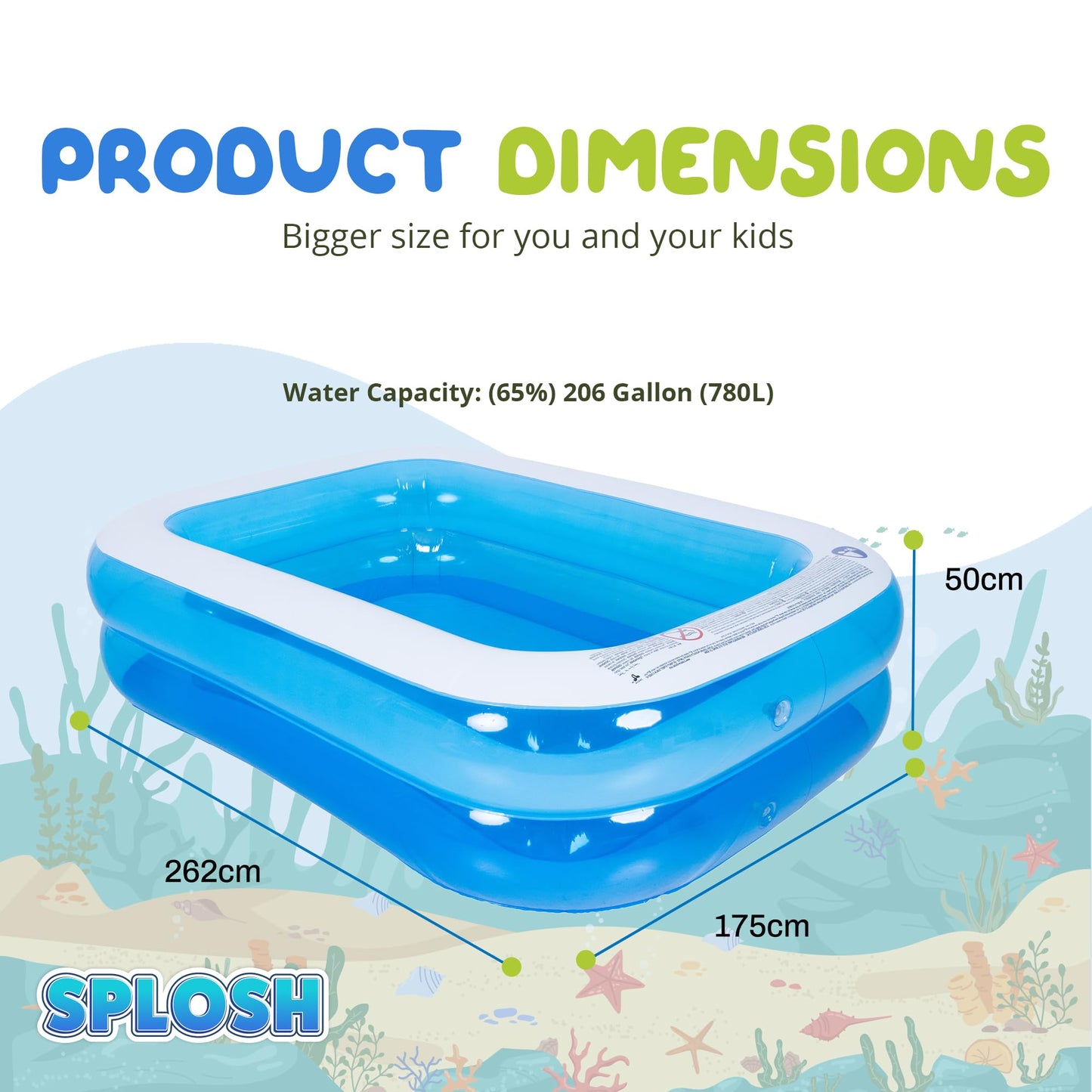Splosh Inflatable Family Swimming Pool For Kids - Large Rectangle Kids Paddling Pool 2.62m x 1.75m - Easy To Inflate - Kids Paddling Pools For Garden