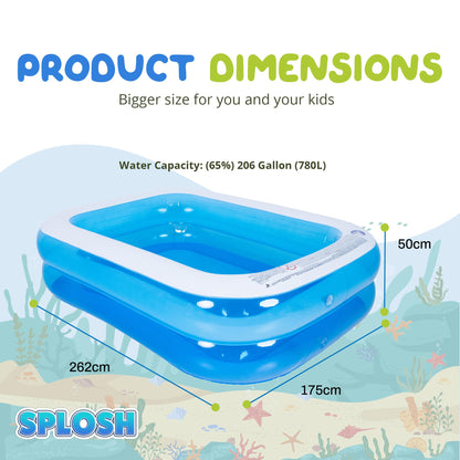 Splosh Inflatable Family Swimming Pool For Kids - Large Rectangle Kids Paddling Pool 2.62m x 1.75m - Easy To Inflate - Kids Paddling Pools For Garden