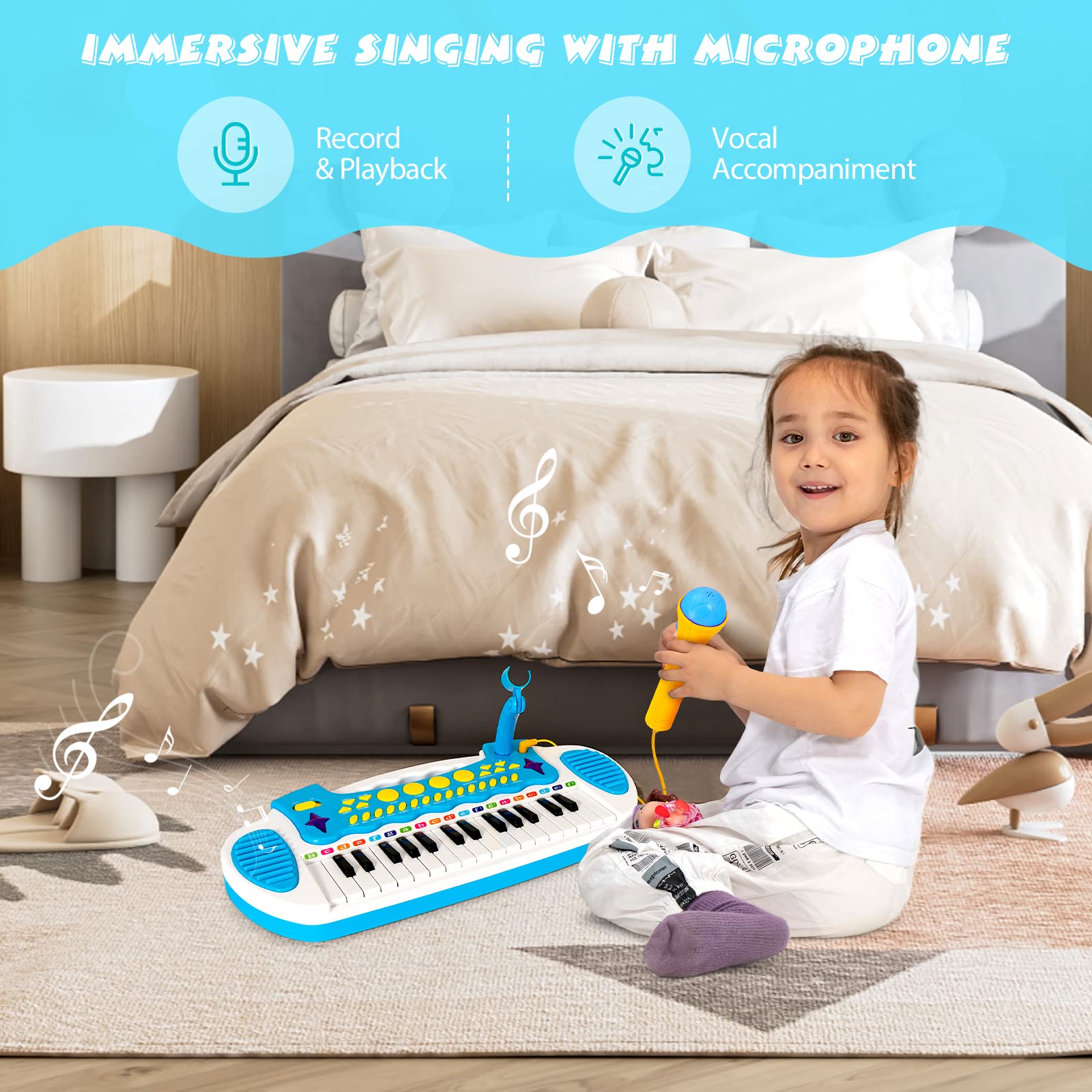 COSTWAY 31-key kids electronic keyboard with stool, microphone, flashing lights, and recording function, blue musical toy piano