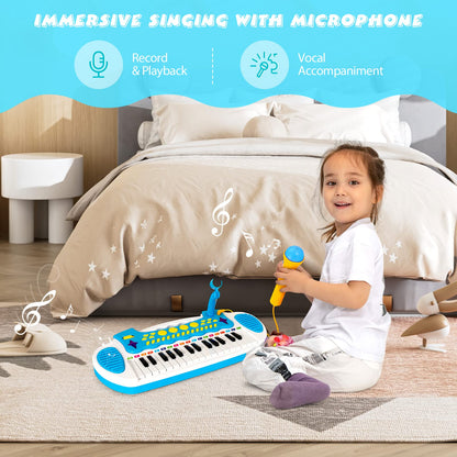 COSTWAY 31-key kids electronic keyboard with stool, microphone, flashing lights, and recording function, blue musical toy piano