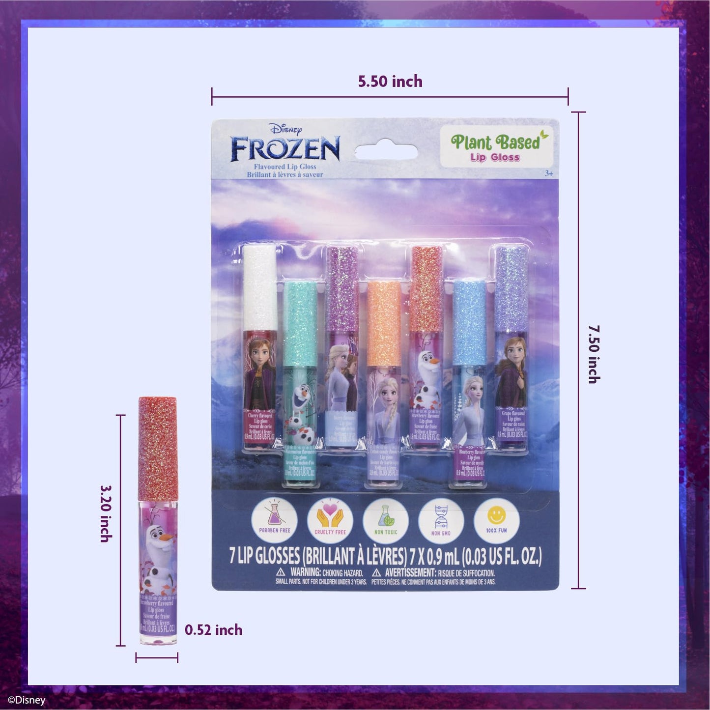 Disney Frozen 7-piece lip gloss set by Townley Girl, featuring colorful glosses in fun shapes, perfect for girls' parties.