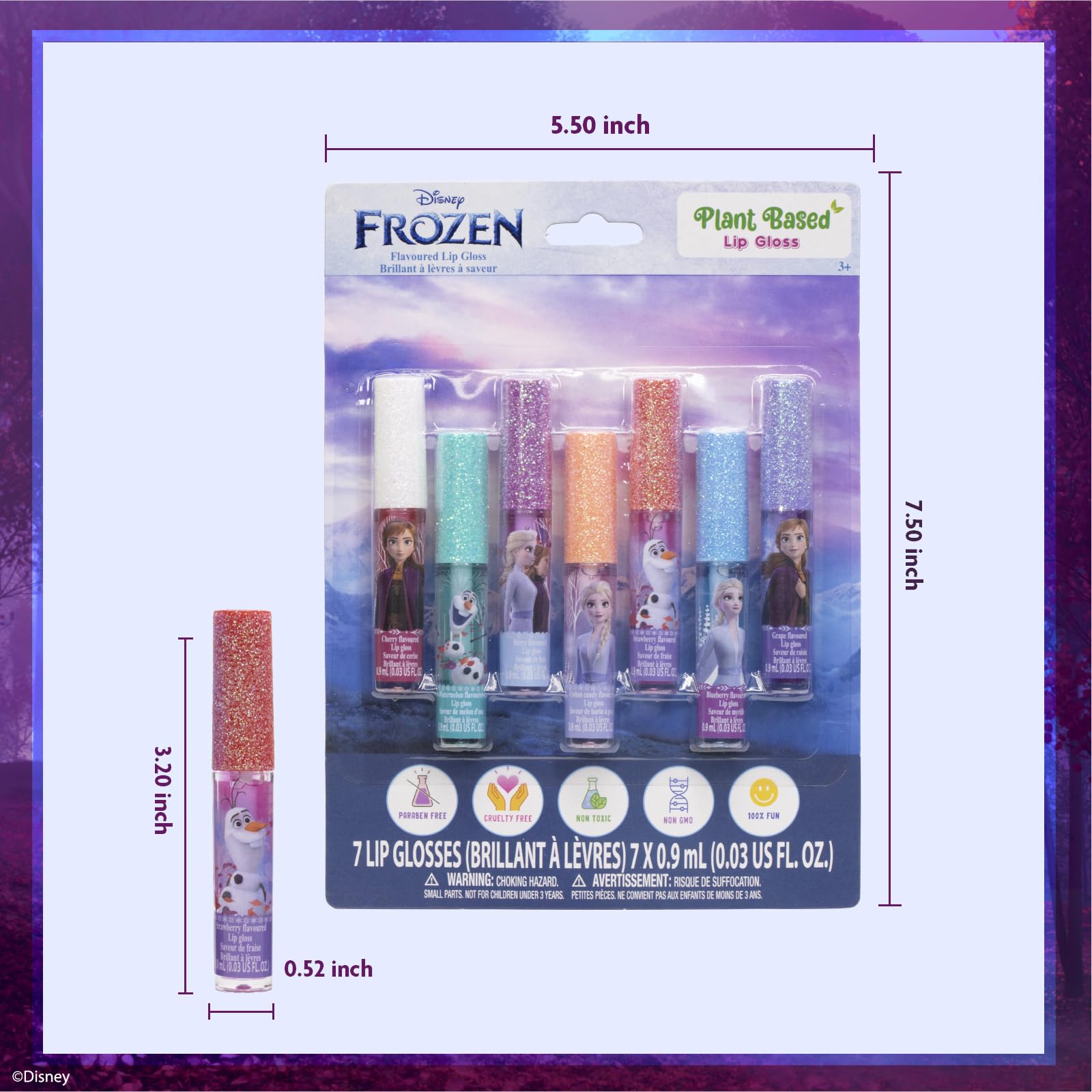 Disney Frozen 7-piece lip gloss set by Townley Girl, featuring colorful glosses in fun shapes, perfect for girls' parties.