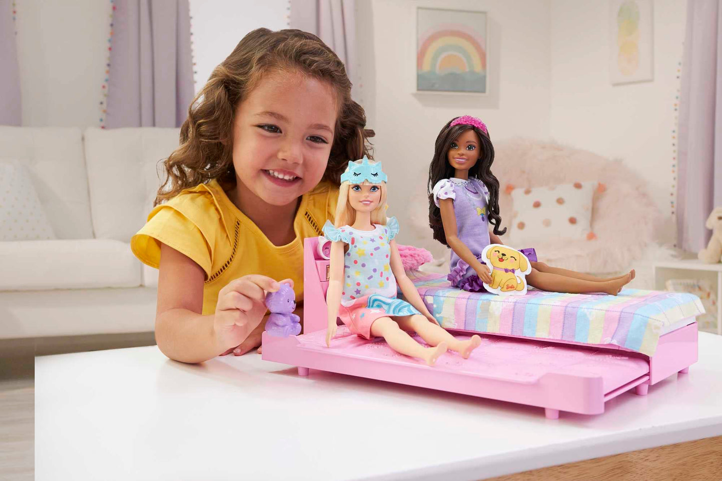 Barbie Bedtime Playset featuring a trundle bed, plush puppy, and accessories for preschoolers aged 3 and up.