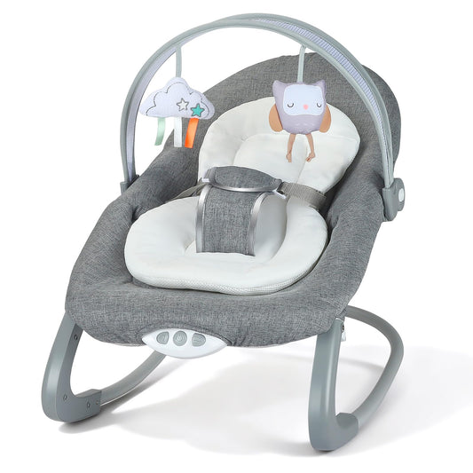 JoyCushy Baby Bouncer, Electric Baby Rocker from Birth Adjustable with Music and Vibration, Suitable for Newborns 0-6 Months Baby Bouncer with 3-Point Harness, Removable Toy Bar with 2 Toys