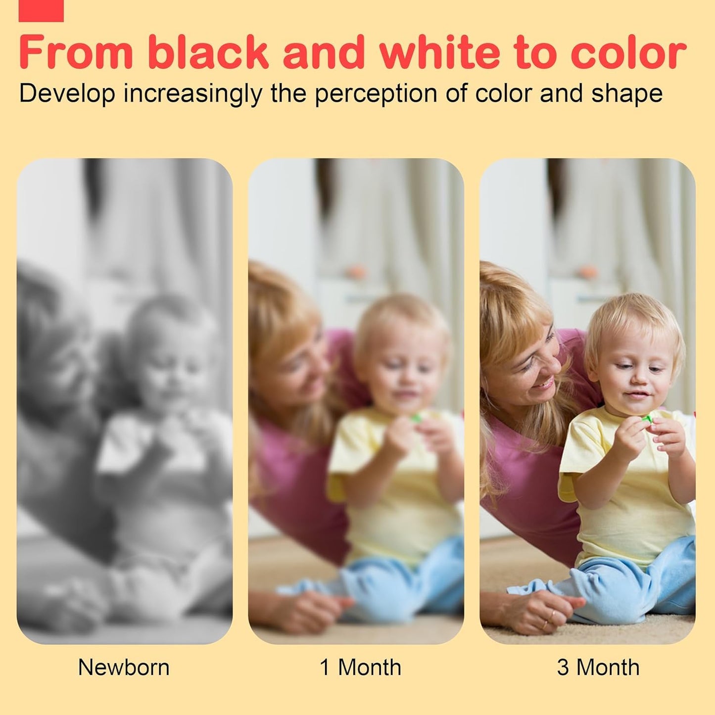 URMYWO black and white sensory baby toy set for brain development, featuring soft tummy time toys and a baby book.