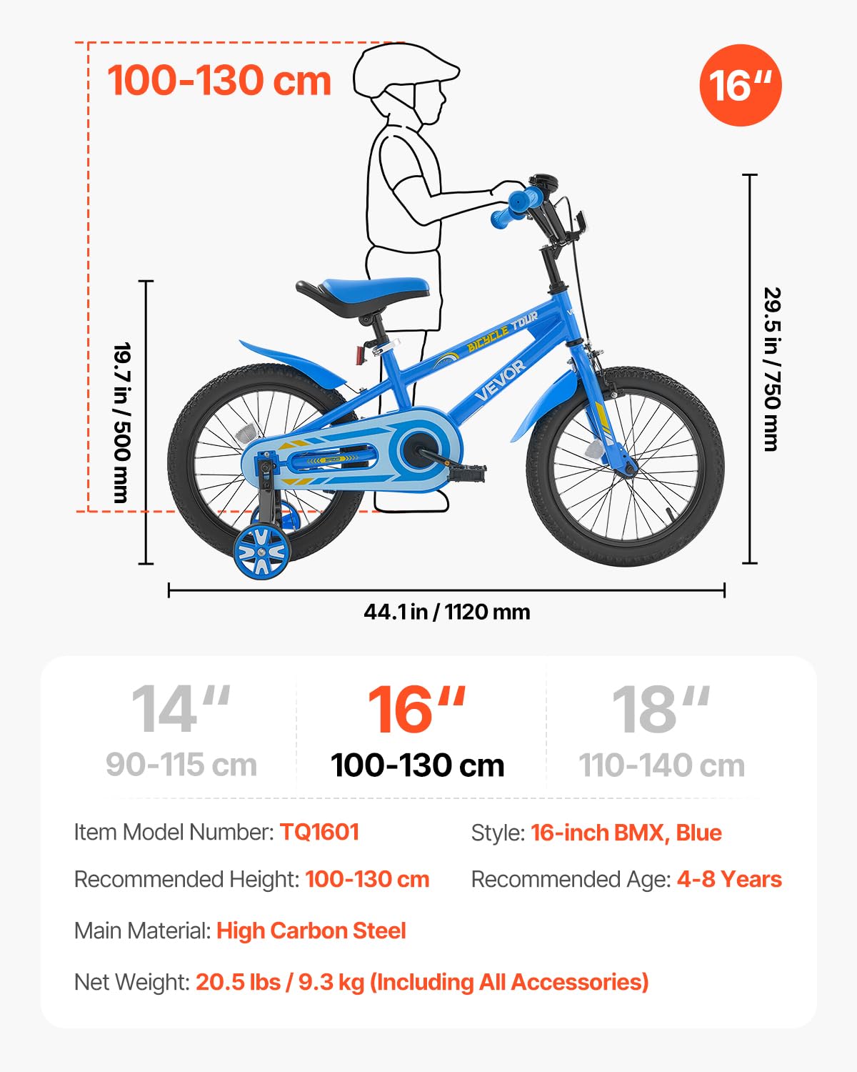 VEVOR Kids Bike, 40.64 cm BMX Style Children Bicycle, Rider Height 100 cm - 130 cm, Training Wheels Included, Sturdy and Easy to Assemble, Toddler Bike for Boys & Girls Learning to Ride, Blue