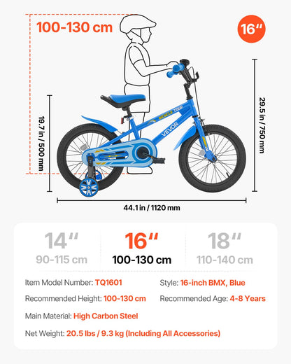 VEVOR Kids Bike, 40.64 cm BMX Style Children Bicycle, Rider Height 100 cm - 130 cm, Training Wheels Included, Sturdy and Easy to Assemble, Toddler Bike for Boys & Girls Learning to Ride, Blue