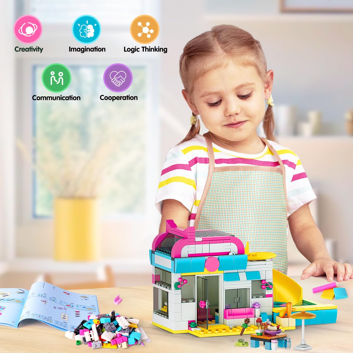 CUBIMANA 3-in-1 cat-themed building set featuring camper van, ice cream truck, city bus, slide, and stickers for kids aged 6-12.