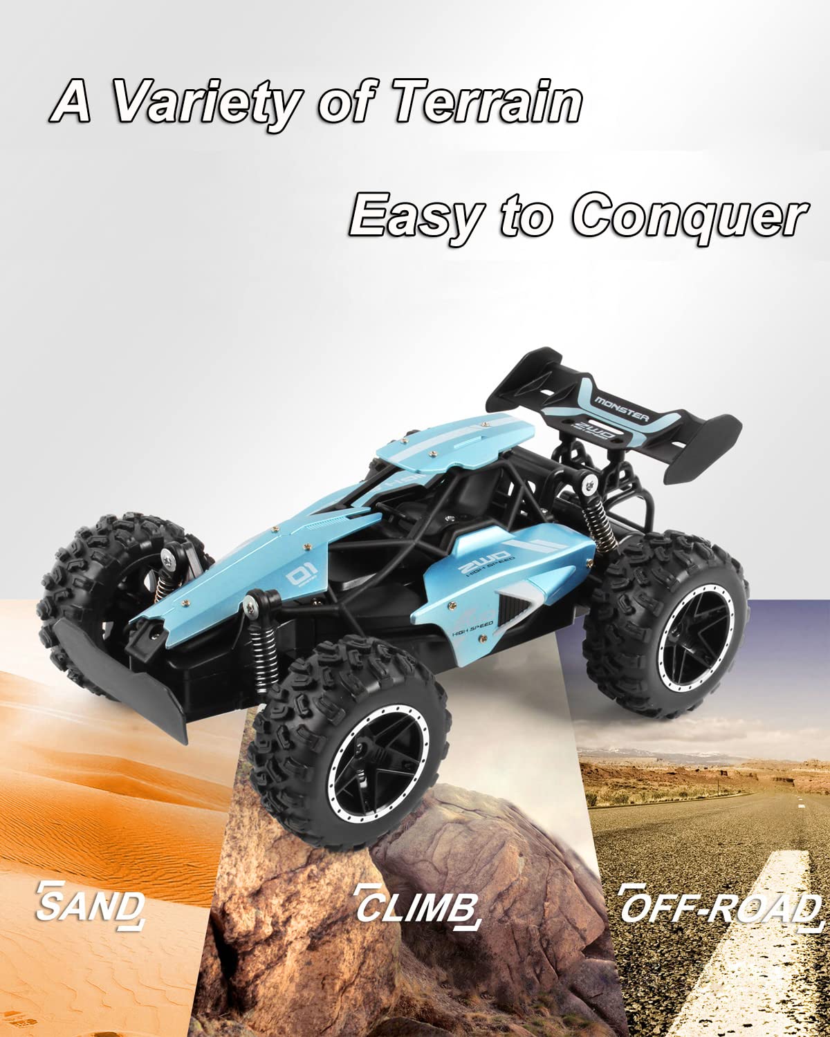 SZJJX Remote Control Cars – 2.4GHz High-Speed RC Car for Kids, 15KM/H+ 2WD Off-Road Remote Controlled Car with 2 Rechargeable Batteries, Electric Remote Control Truck Toy for Boys & Girls Gifts (Blue)