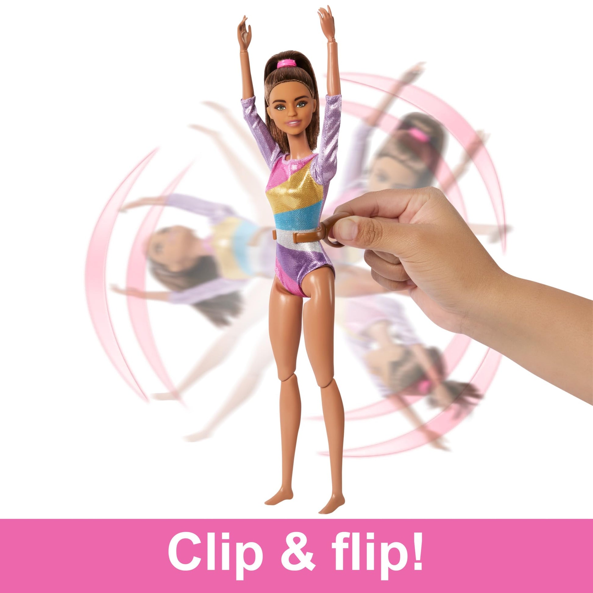 Barbie gymnastics doll playset with brunette doll, balance beam, warm-up suit, accessories, and flipping action C-clip.