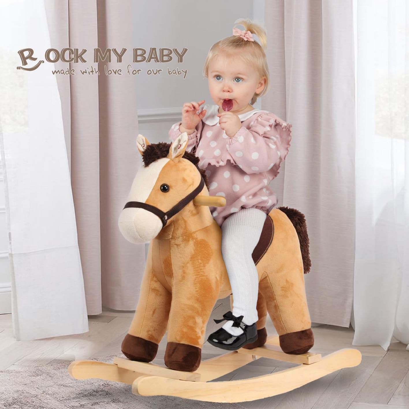 Rock My Baby Rocking Horse, Grey Wooden Horse with Sound Effects,Ride-on Toy,Balance Toy (Light Brown)
