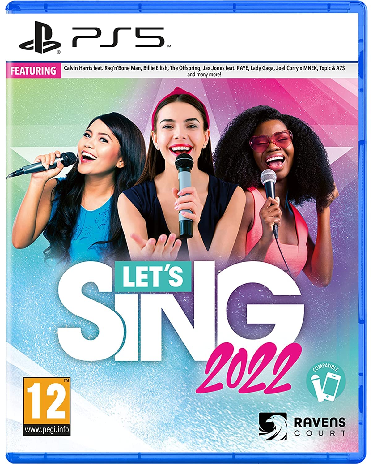 Let's Sing 2022 game for PS5 by Ravenscourt with a colorful cover featuring musical notes and singing characters.