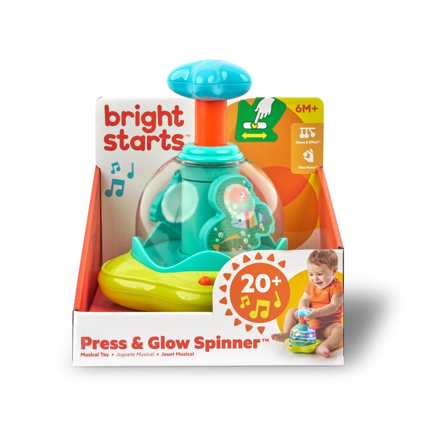 Bright Starts press and glow spinner musical baby toy with multicolored lights, designed for infants 6 months and older.