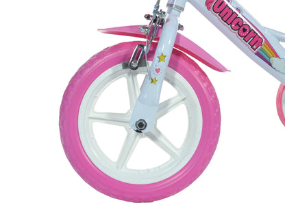 Dino Bikes 124RL-UN Unicorn 12-inch children's bicycle with white frame and pink accents, featuring training wheels and colorful design.