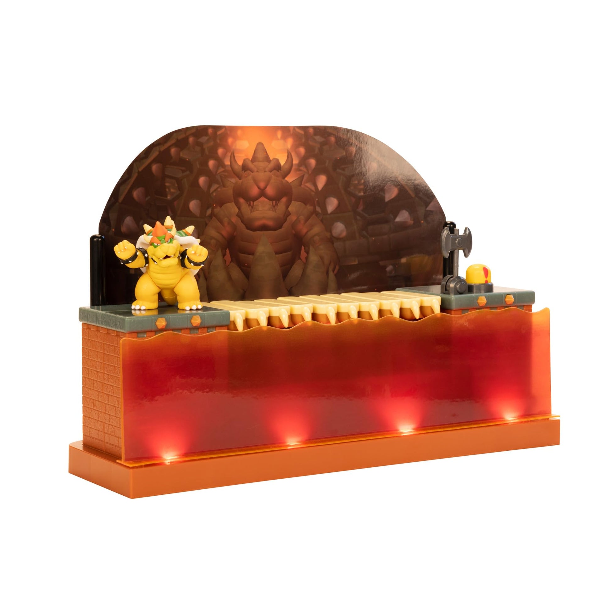 Super Mario Deluxe Bowser Battle Playset with lights and sounds, includes 2.5-inch Bowser action figure for fans aged 3+.