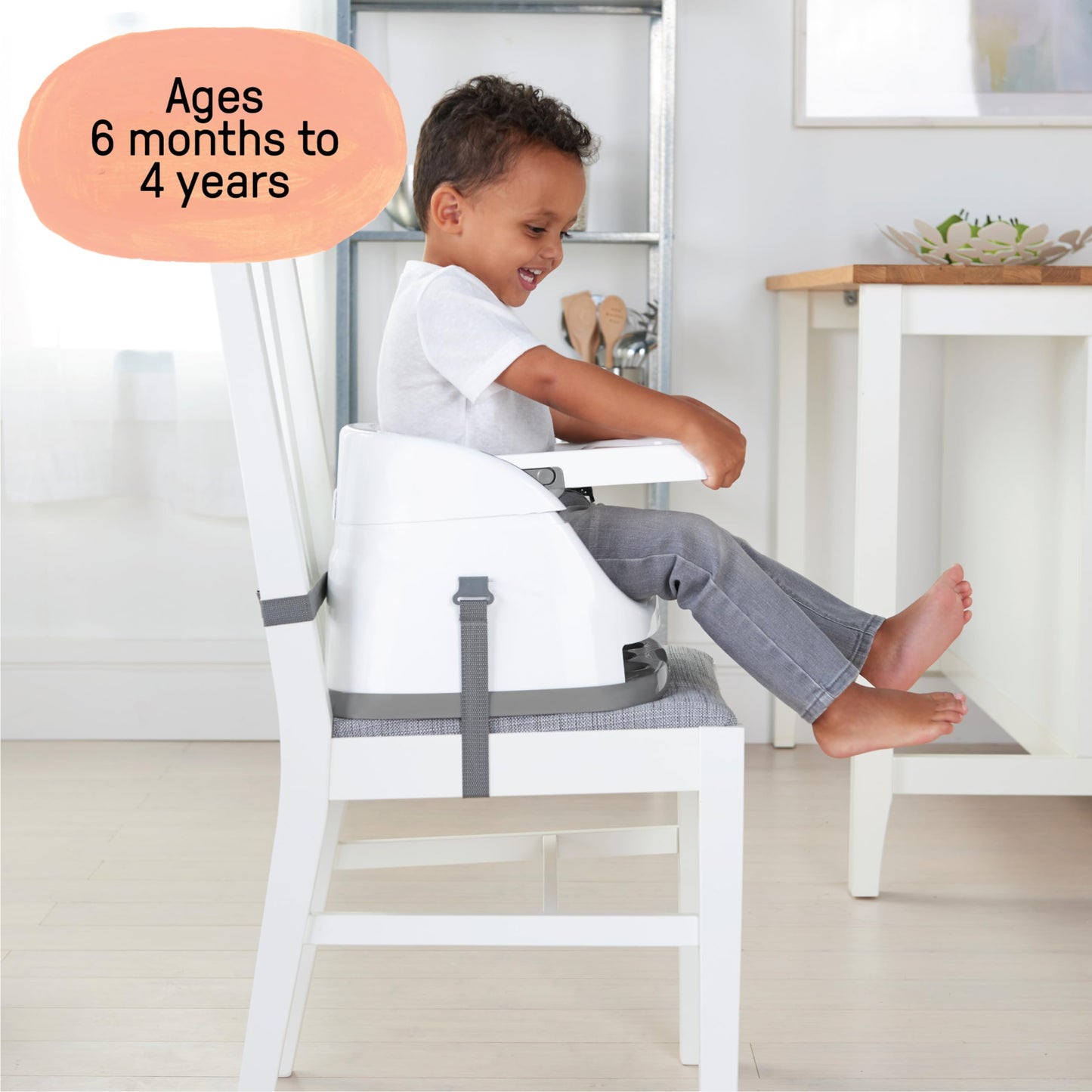 Ingenuity, Baby Base 2-in-1 Seat, Slate, Booster Chair, Dining and Feeding Seat for Toddlers, Easy to Clean with Removable and Self-Storing Tray, Ages 6 Months+