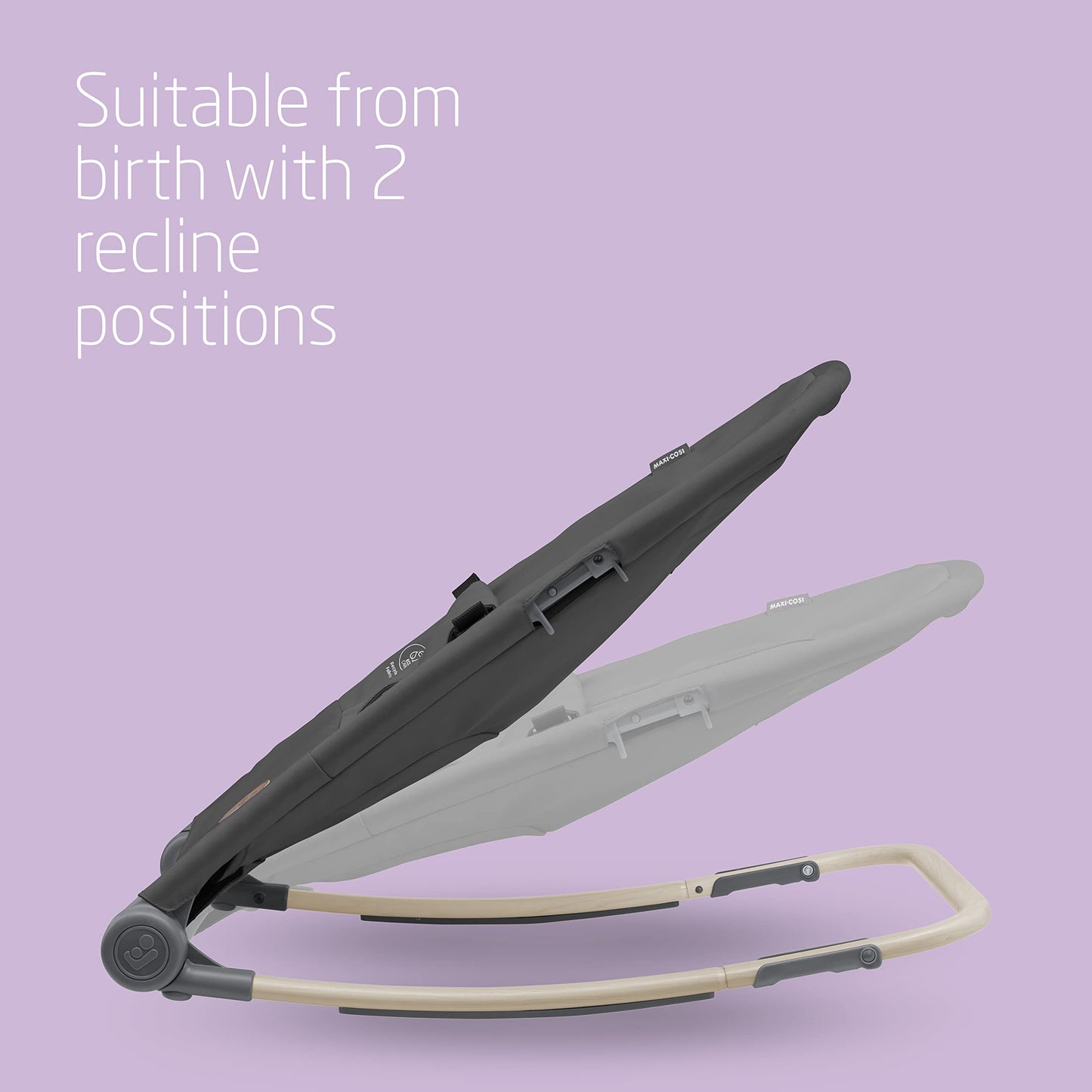 Maxi-Cosi Loa Baby Rocker in Beyond Graphite with foldable, lightweight design, two recline positions, and recycled fabric for infants up to 2 years.