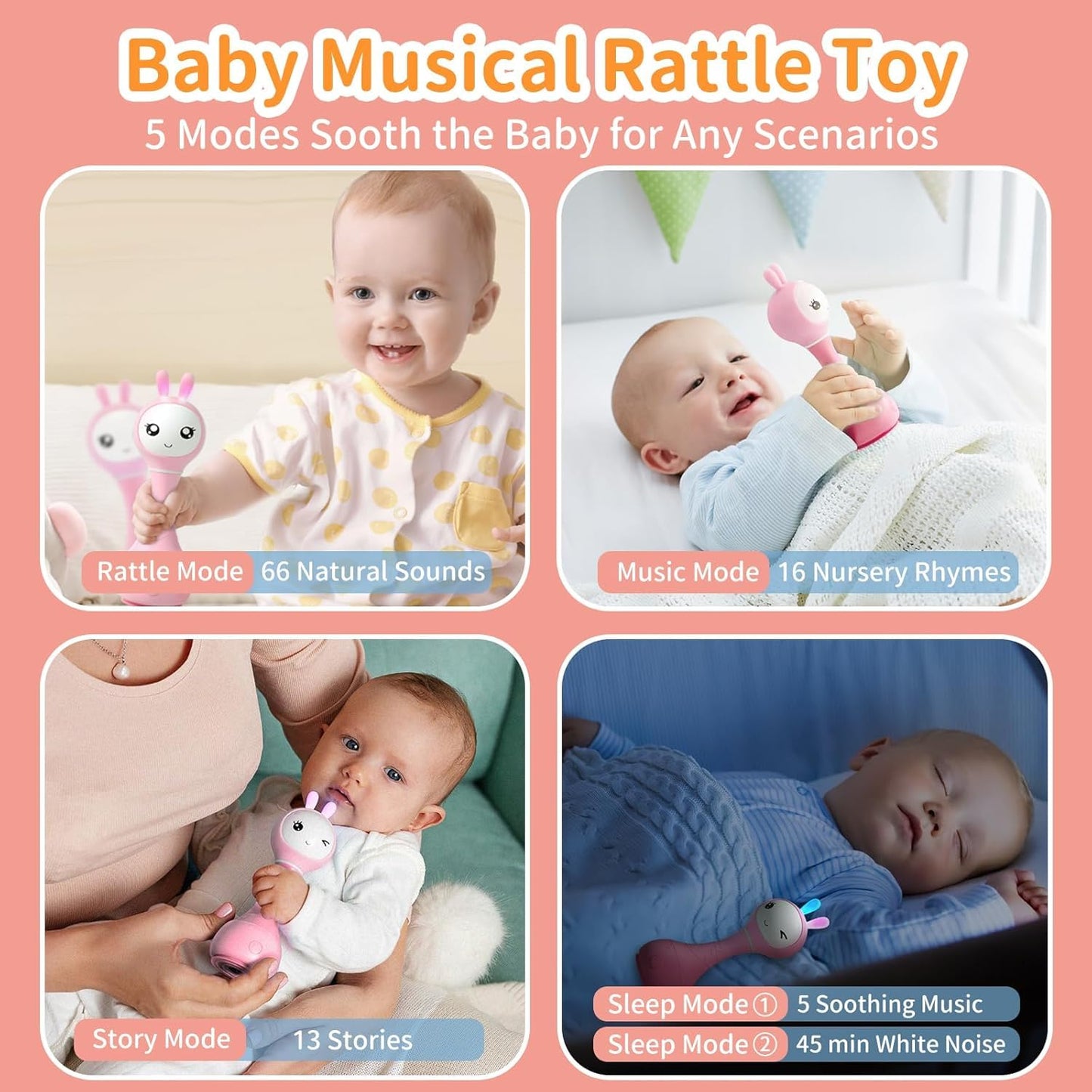 Pink Alilo Smarty Bunny baby rattle with musical lights, sensory features, teething toy, suitable for infants 0-12 months.