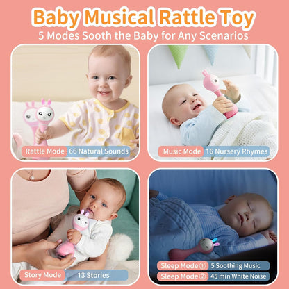 Pink Alilo Smarty Bunny baby rattle with musical lights, sensory features, teething toy, suitable for infants 0-12 months.