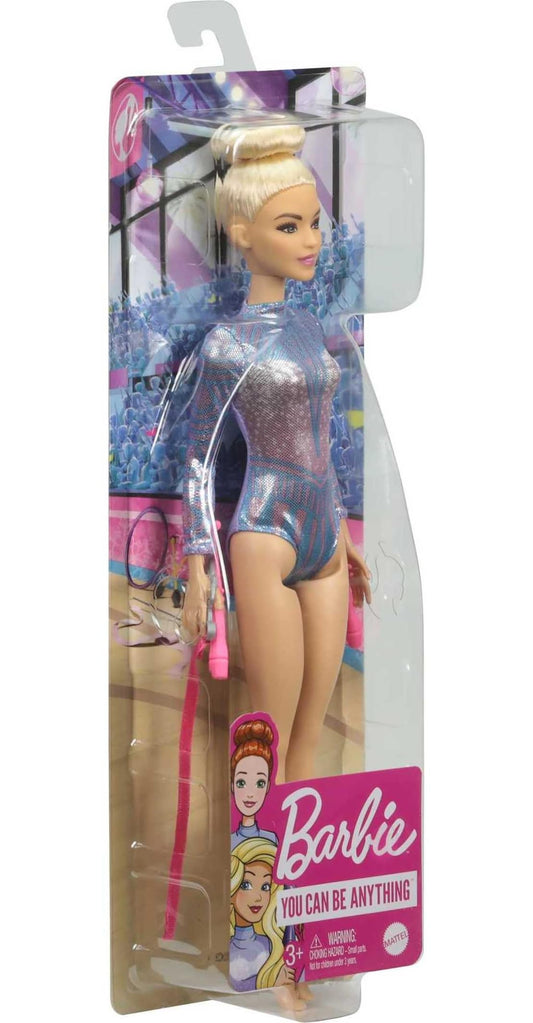 Barbie Rhythmic Gymnast doll in a colorful metallic leotard, holding 2 clubs and a ribbon accessory, 12 inches tall.