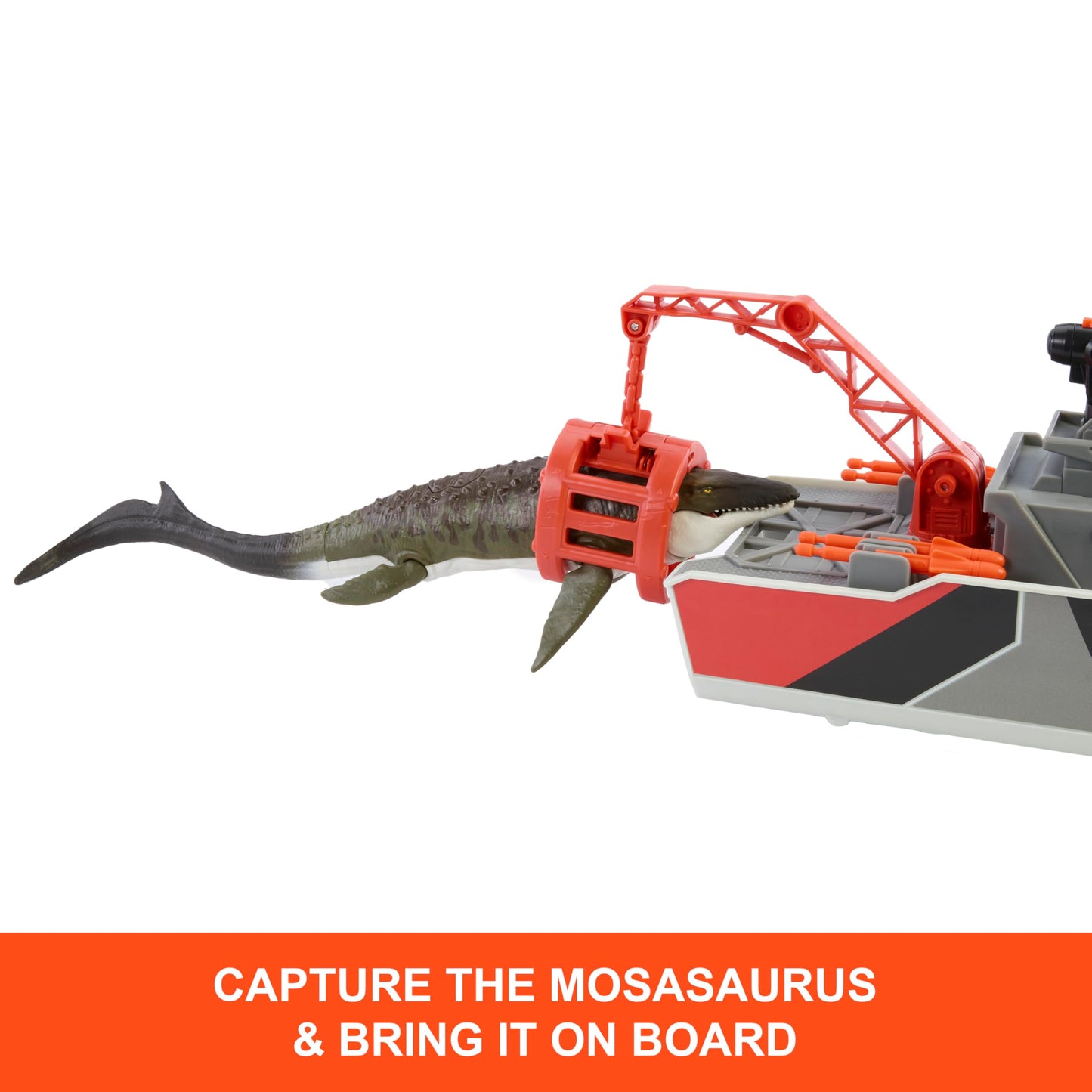 Mattel Jurassic World: Rebirth Matchbox Toy Car Playset, Jurassic World 12.5” Dino Boat with 13” Mosasaurus Dinosaur, 1:64 Die-Cast Jeep, Harpoon Missiles & Detachable Rescue Boat, JGG61