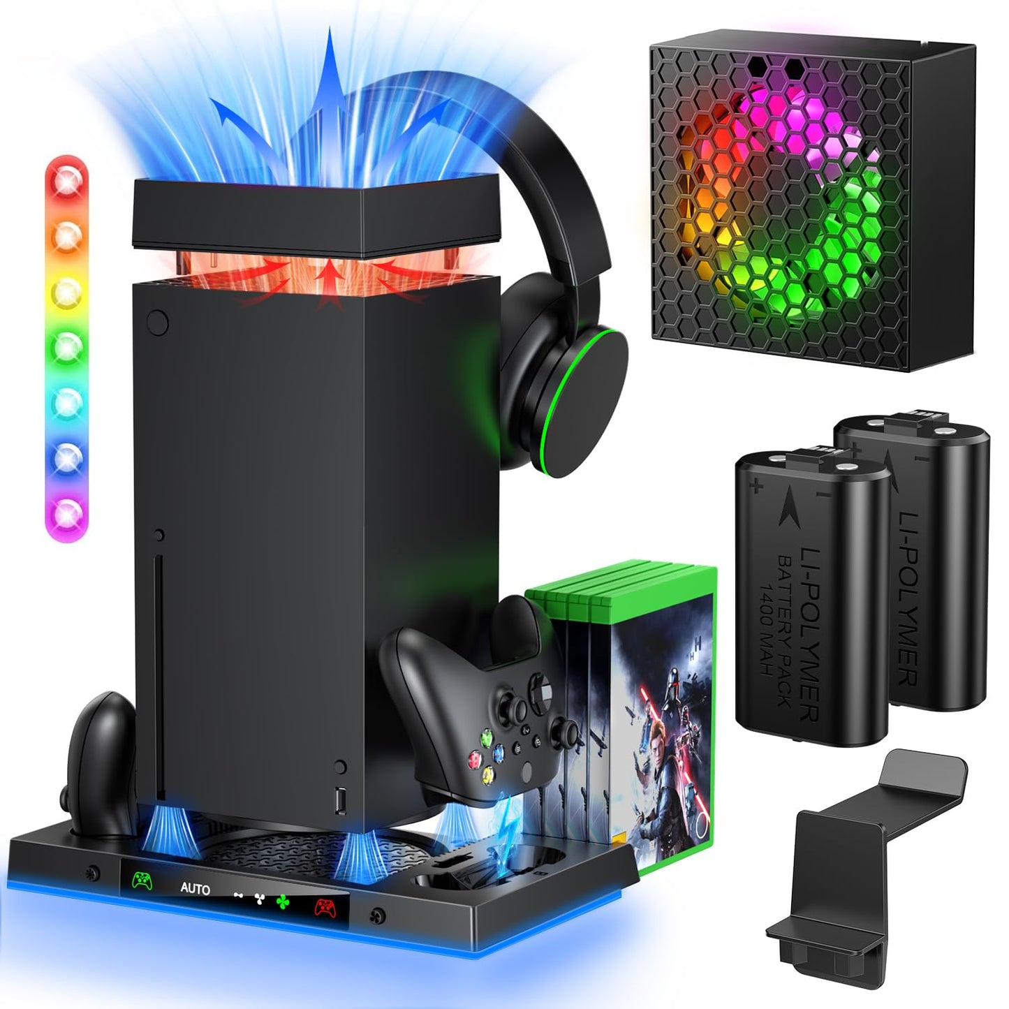 Gorixer AI cooling fan with charging stand and accessories for Xbox Series X, includes wireless charger, rechargeable batteries, and game storage