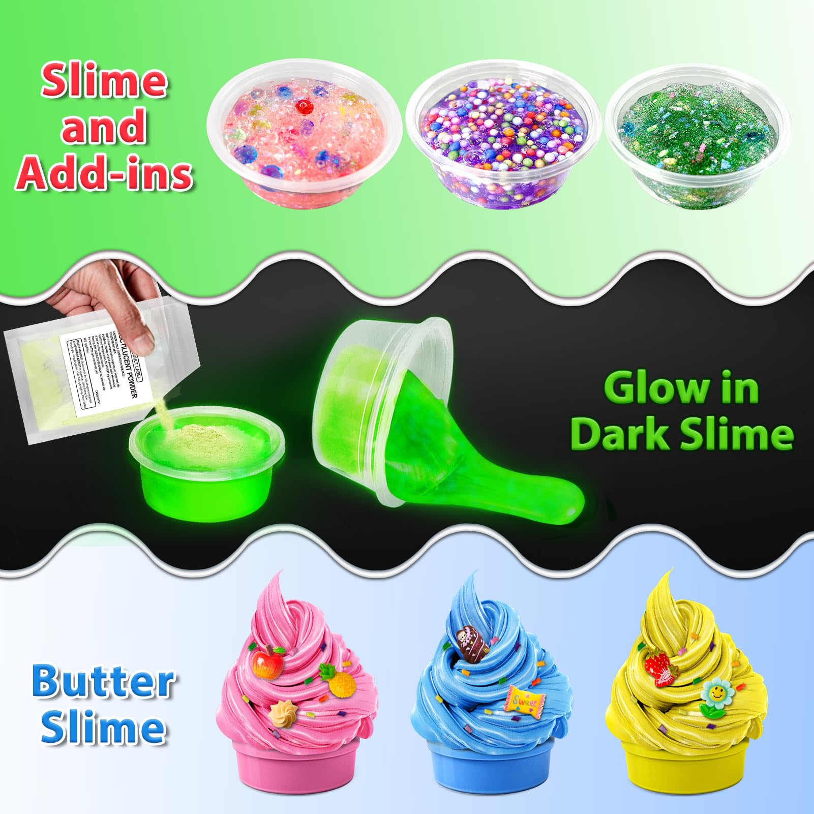 YOPINSAND 12-color DIY slime making kit featuring clear and glow-in-the-dark slime with foam balls, charms, and sequins for girls.
