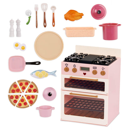 Our Generation Make & Bake Stove Playset featuring a double oven, cooking sounds, and accessories for 18-inch dolls.