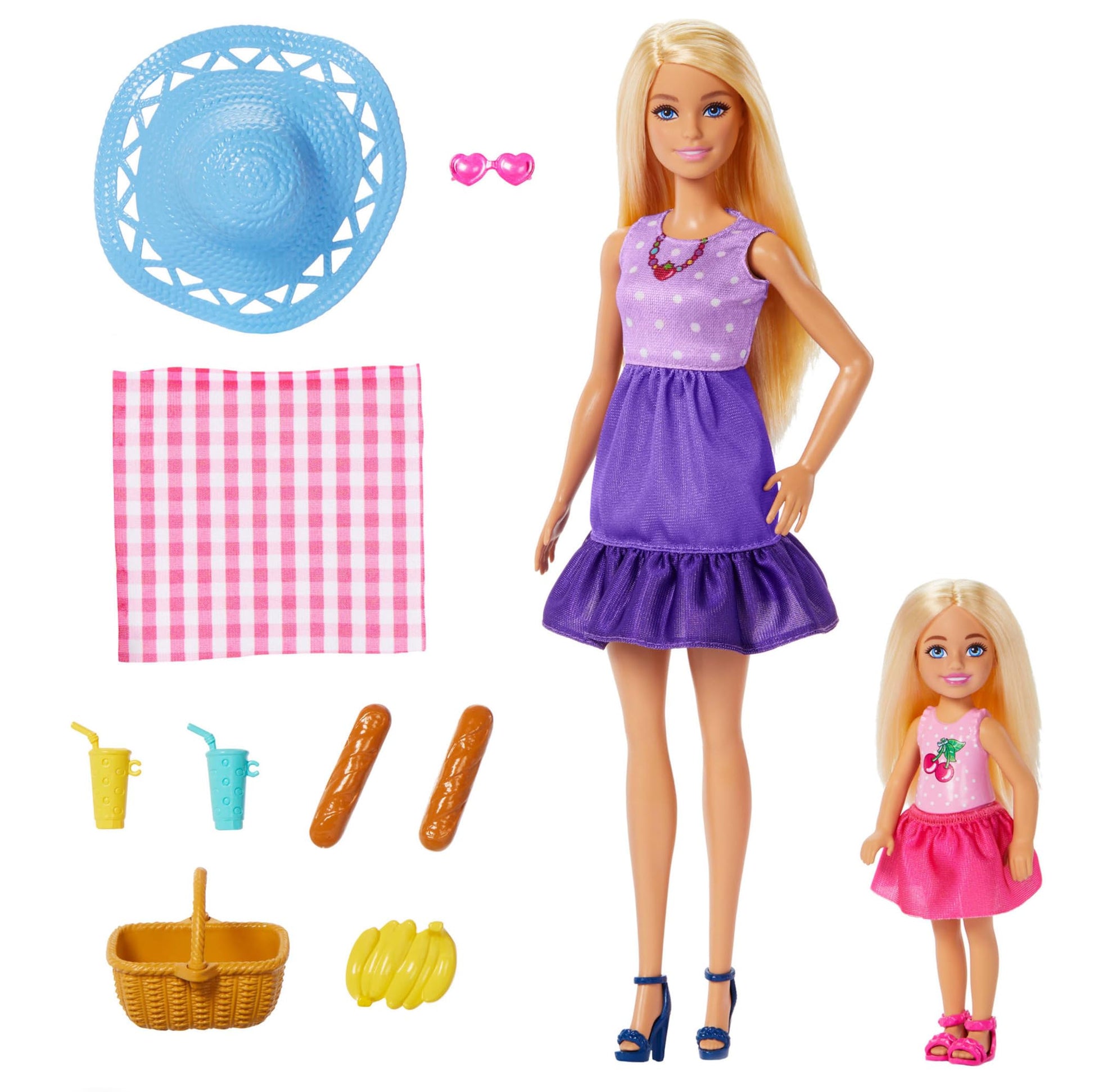 Barbie Family & Friends Picnic Playset with small dolls, food accessories, and fashion items for outdoor pretend play.