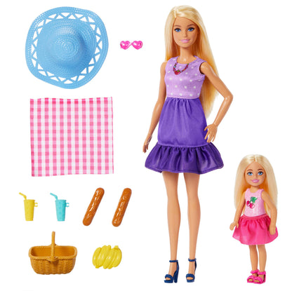 Barbie Family & Friends Picnic Playset with small dolls, food accessories, and fashion items for outdoor pretend play.