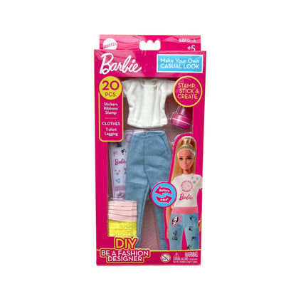 Barbie DIY Fashion Designer Set with t-shirt, leggings, stickers, ribbons, and stamp for creative kids' fashion play.