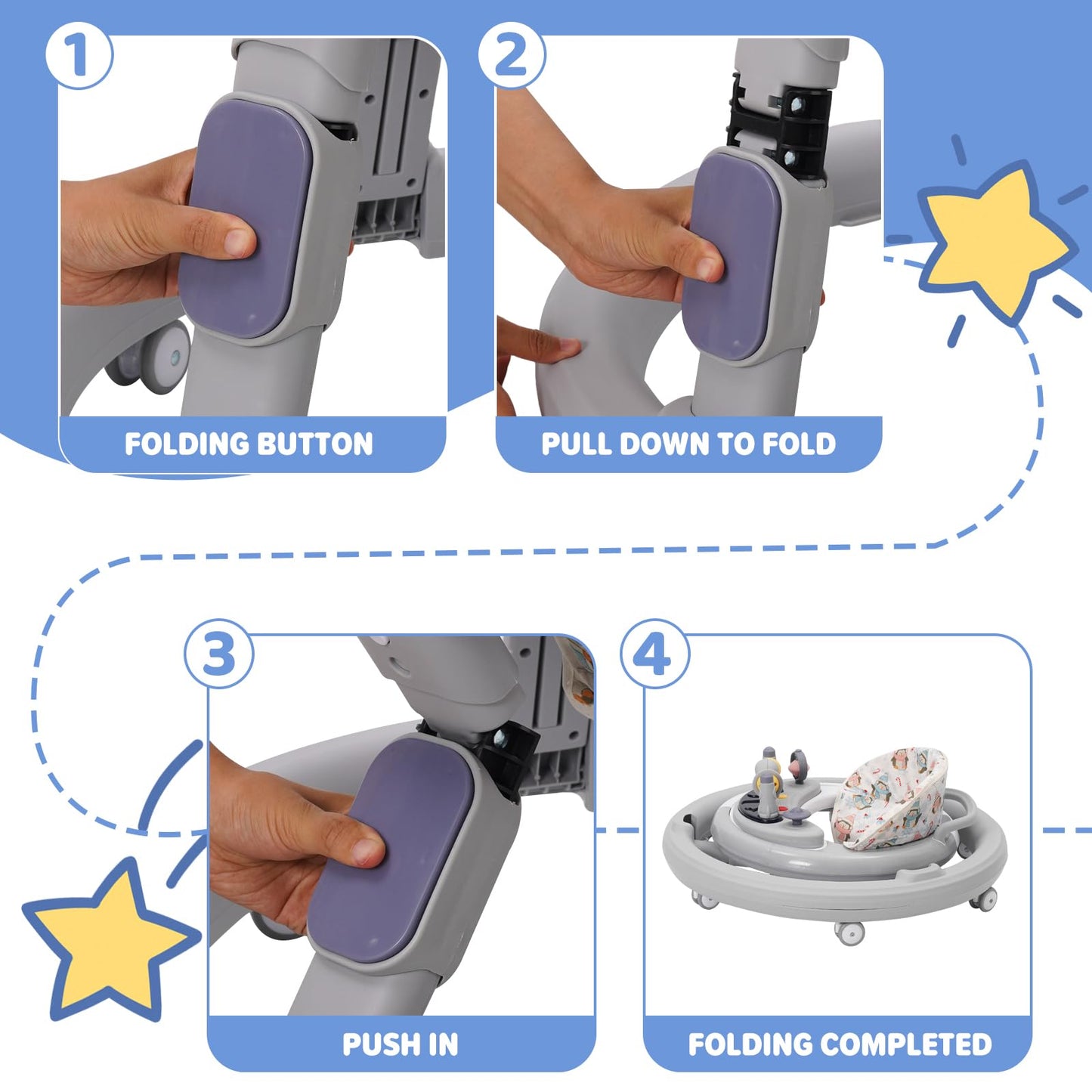 EULEUY 3-in-1 foldable baby walker with adjustable height, 360° quiet wheels, dinner tray, and game play center in grey.